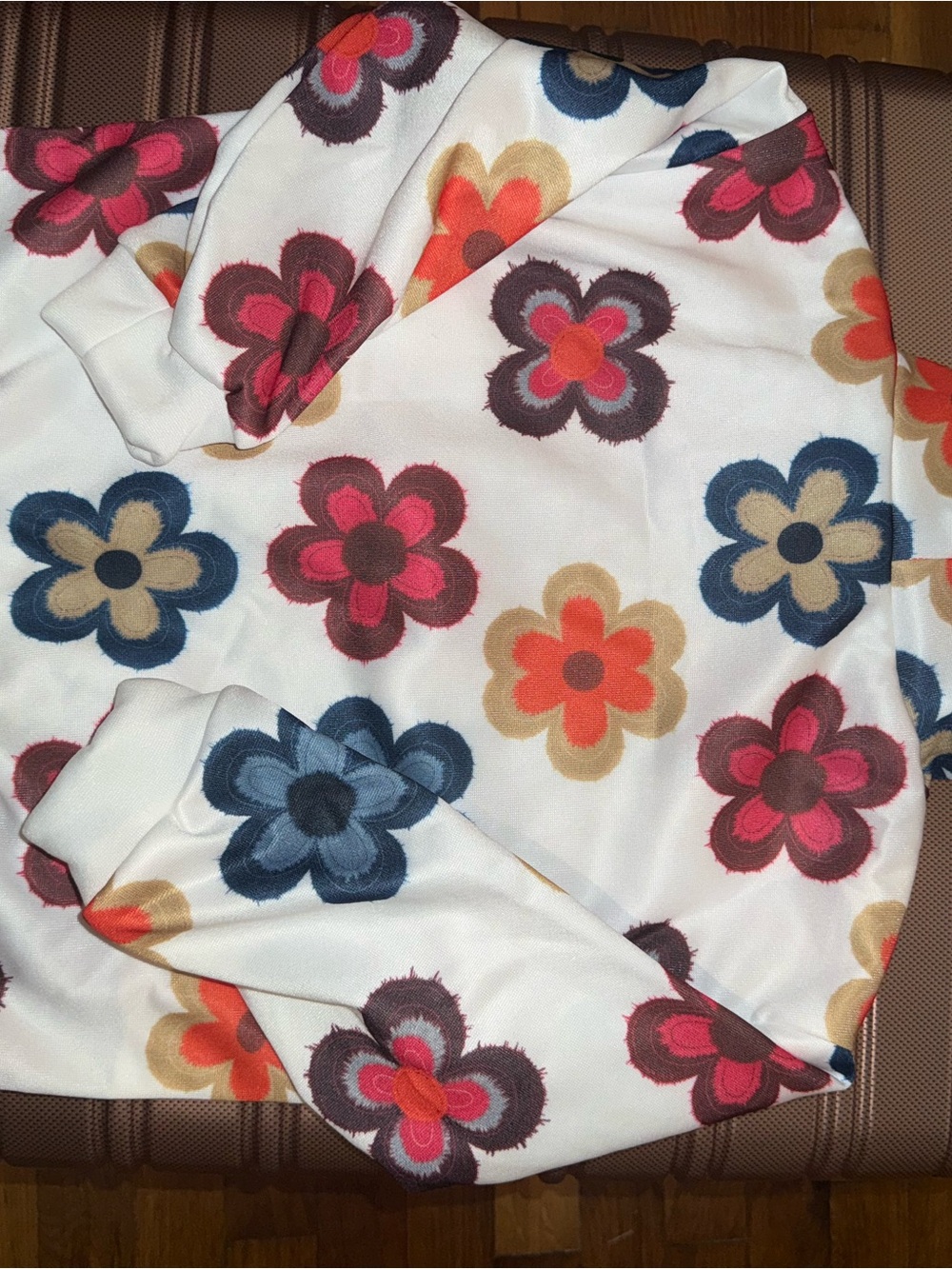 SHEIN White Floral Hoodie Pajama Top with Pink, Blue, Orange & Tan Flowers